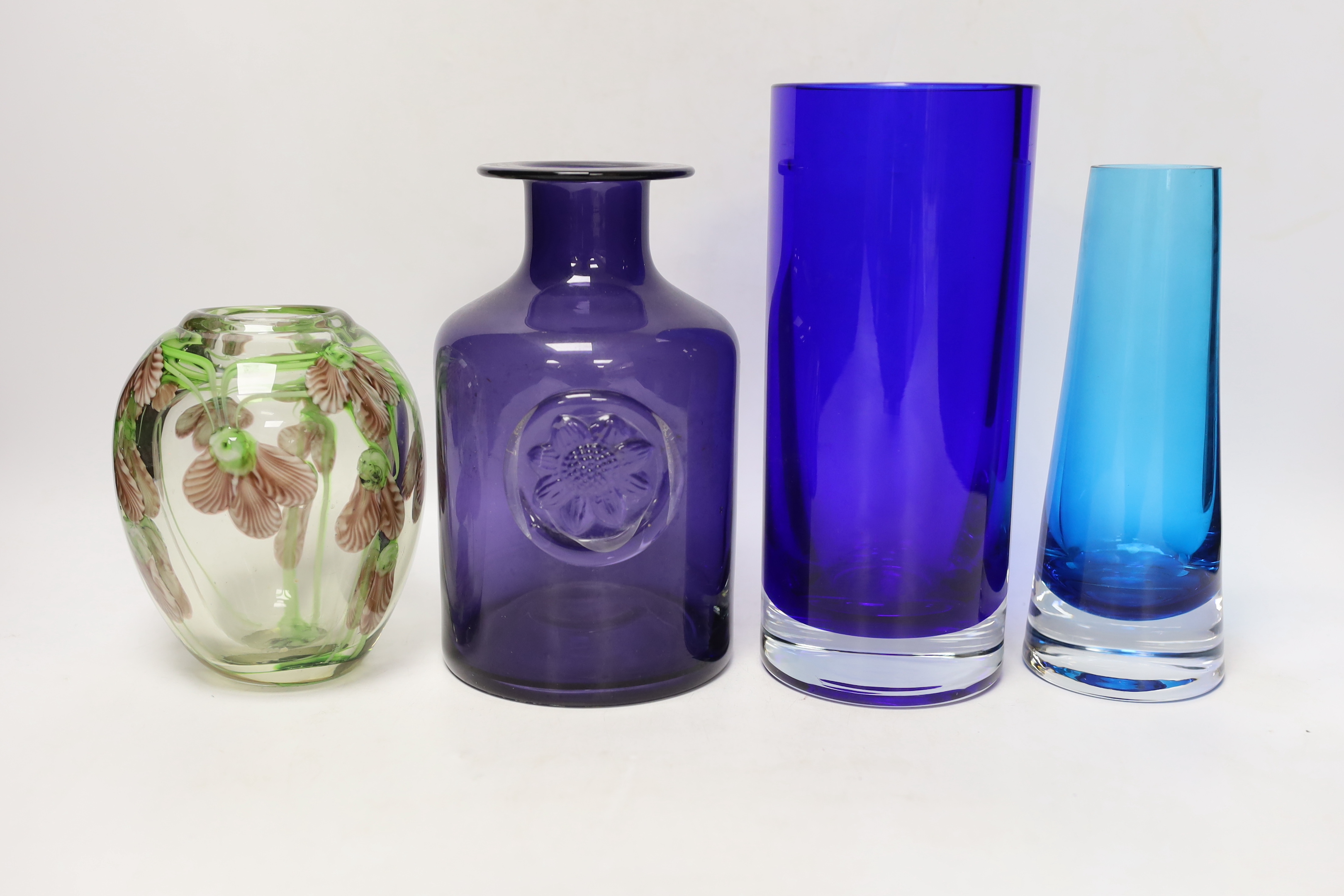 Ten studio glass pieces, including five vases, a candlestick, a figure of a bird, etc.